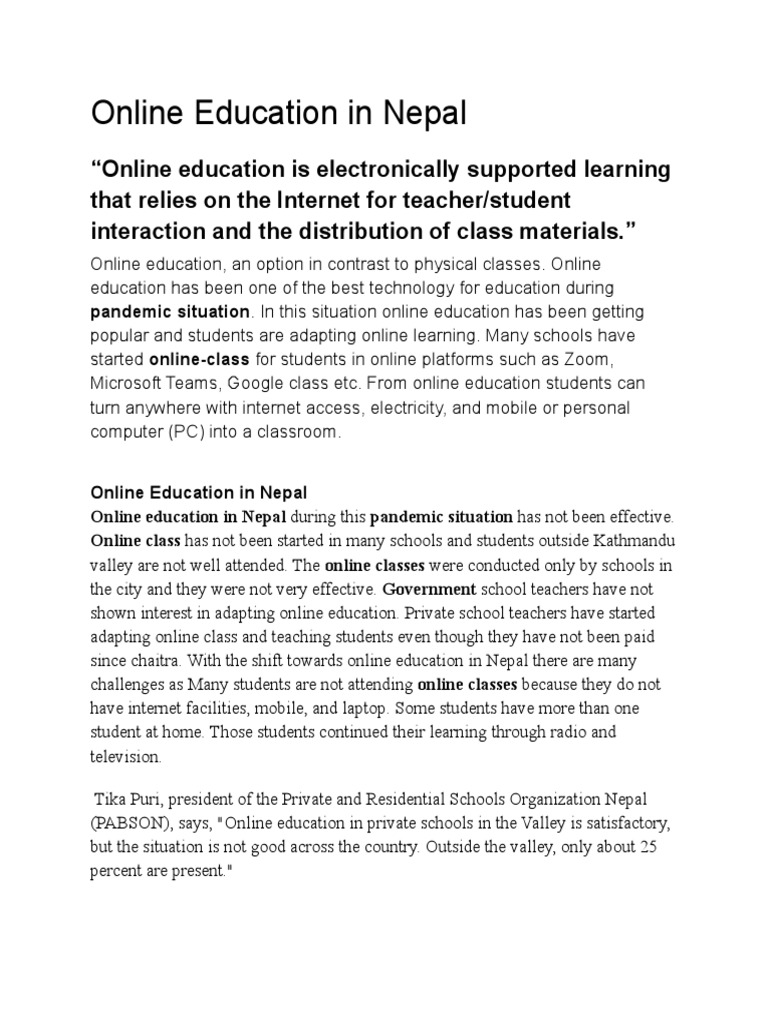 Online Education in Nepal | PDF | Educational Technology | Schools