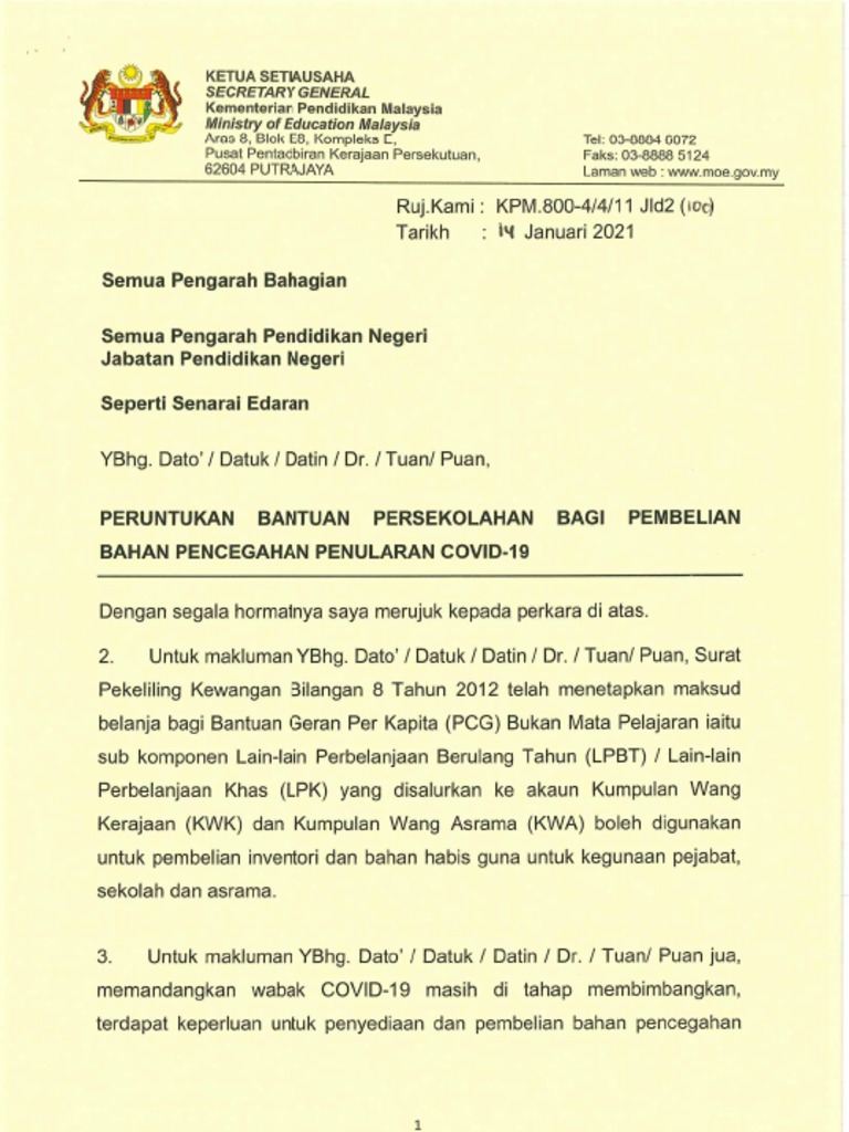 Surat Siaran Peruntukan Bantuan Bagi Pencegahan Covid 19 Pindaan Pdf