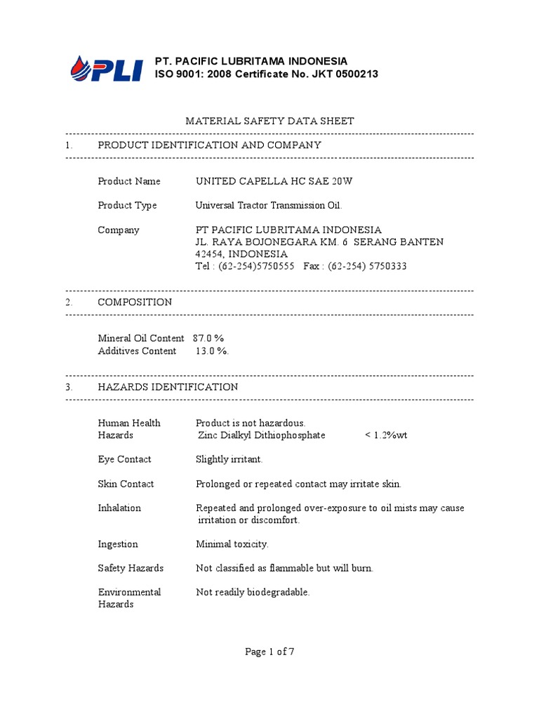 PT Pacific Lubritama MSDS | PDF | Personal Protective Equipment ...