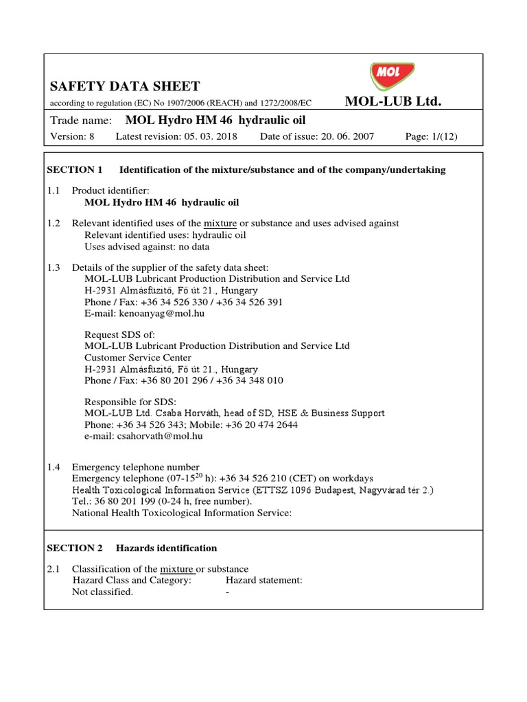 Safety Data Sheet for MOL Hydro HM 46 Hydraulic Oil PDF Dangerous