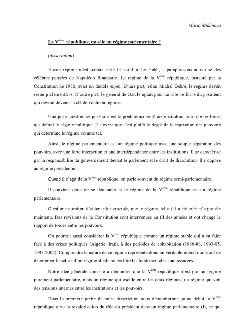 La Veme Republique Est Elle Un Regime Parlementaire Pdf Systeme Parlementaire Politique Mondiale