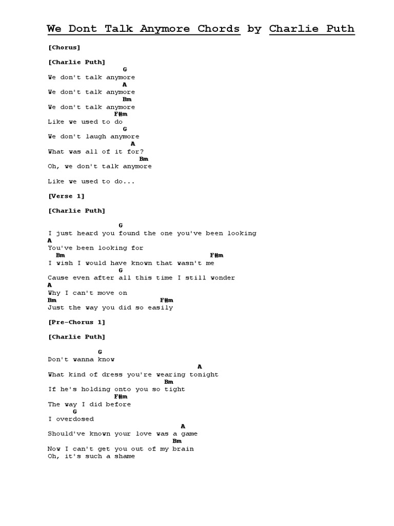 We dont talk anymore chords by charlie puth pdf song structure