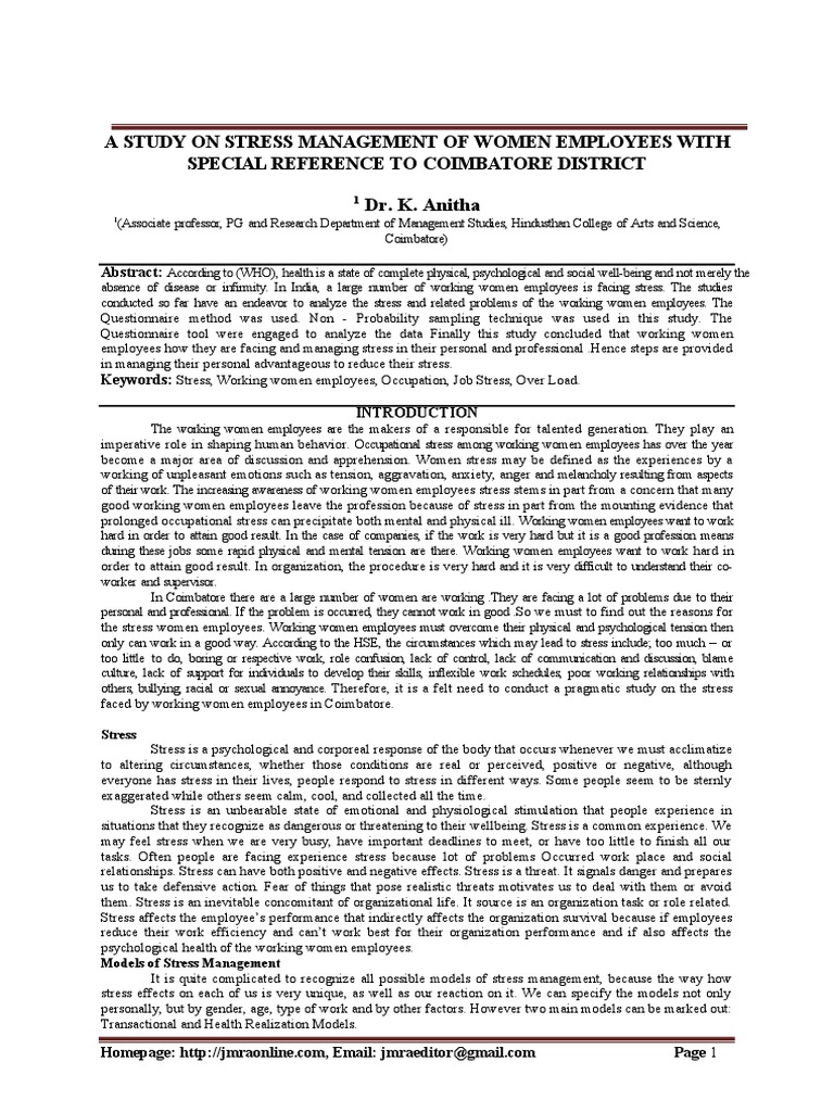 A Study On Stress Management of Women | PDF | Occupational Stress ...