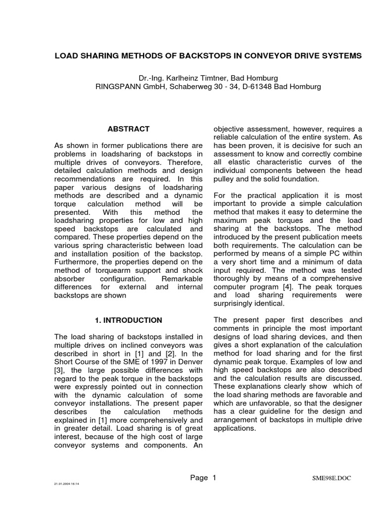 Load Sharing Methods of Backstops 2004 01 PDF Belt (Mechanical) Gear