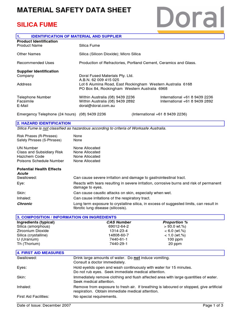 Material Safety Data Sheet: Silica Fume | PDF | Silicon Dioxide ...