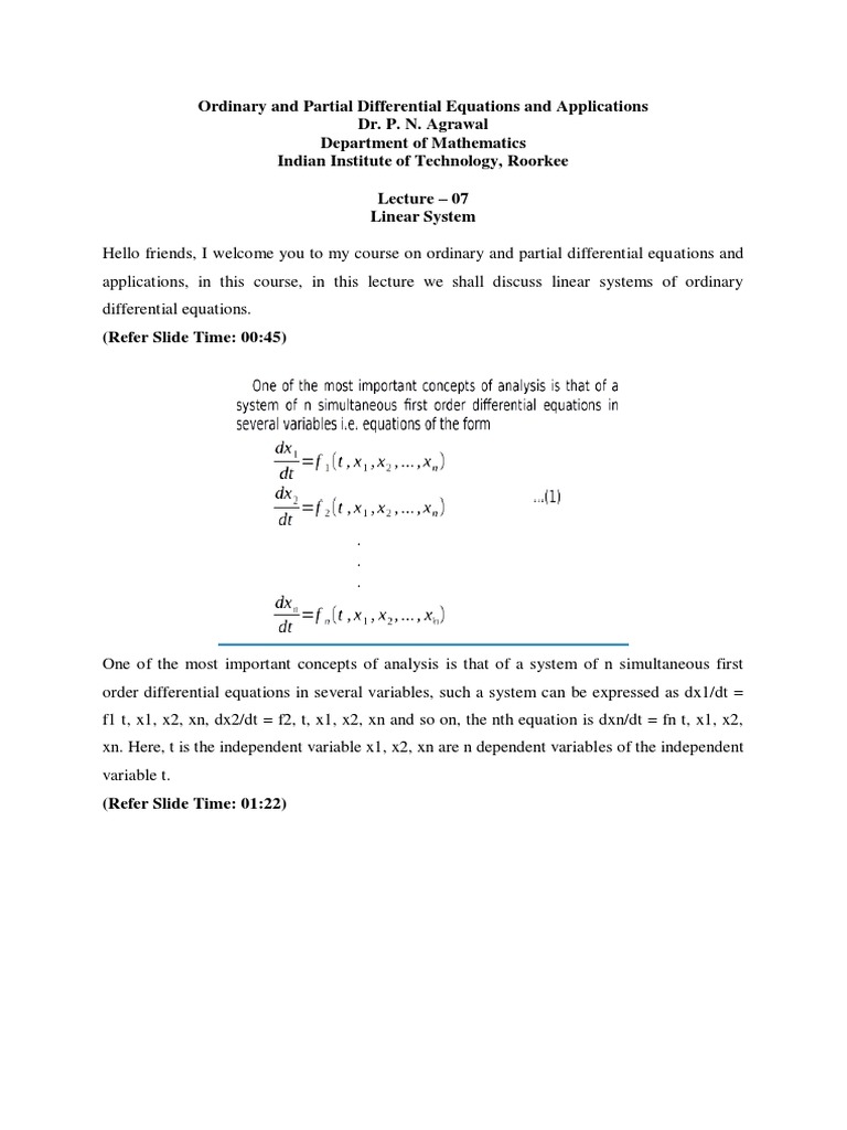 Lec 7 Linear System PDF Differential Equations Mathematical