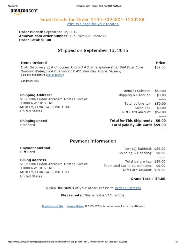 Amazon Order Summary for Gift Card Purchase | PDF | Invoice | Mobile ...