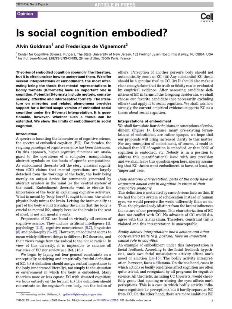 Goldman & Vignemont 2009 Is Social Cognition Embodied | PDF | Embodied ...