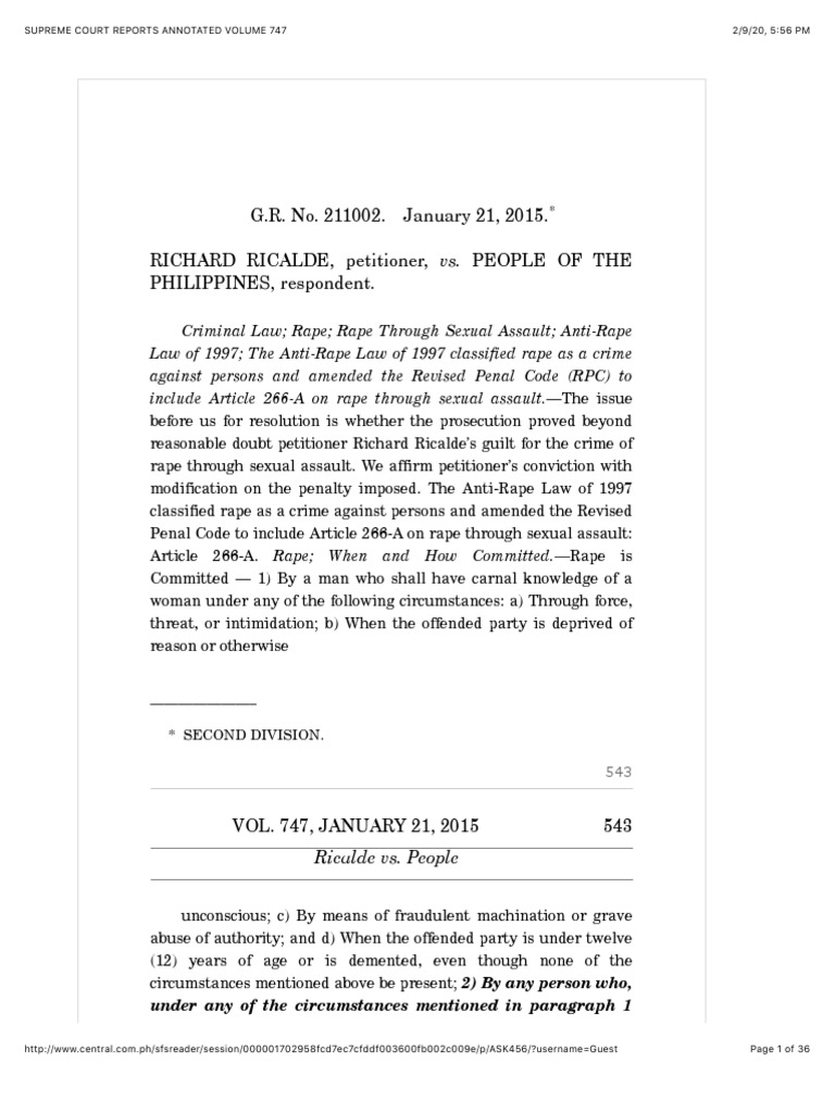 G.R. No. 211002. January 21, 2015. Richard Ricalde, Petitioner, vs ...