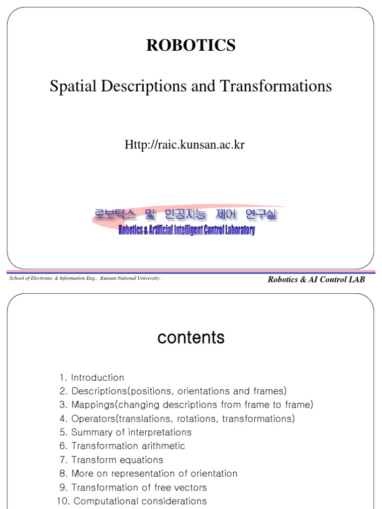 Spatial Descriptions and Transformations Robotics PDF Euclidean