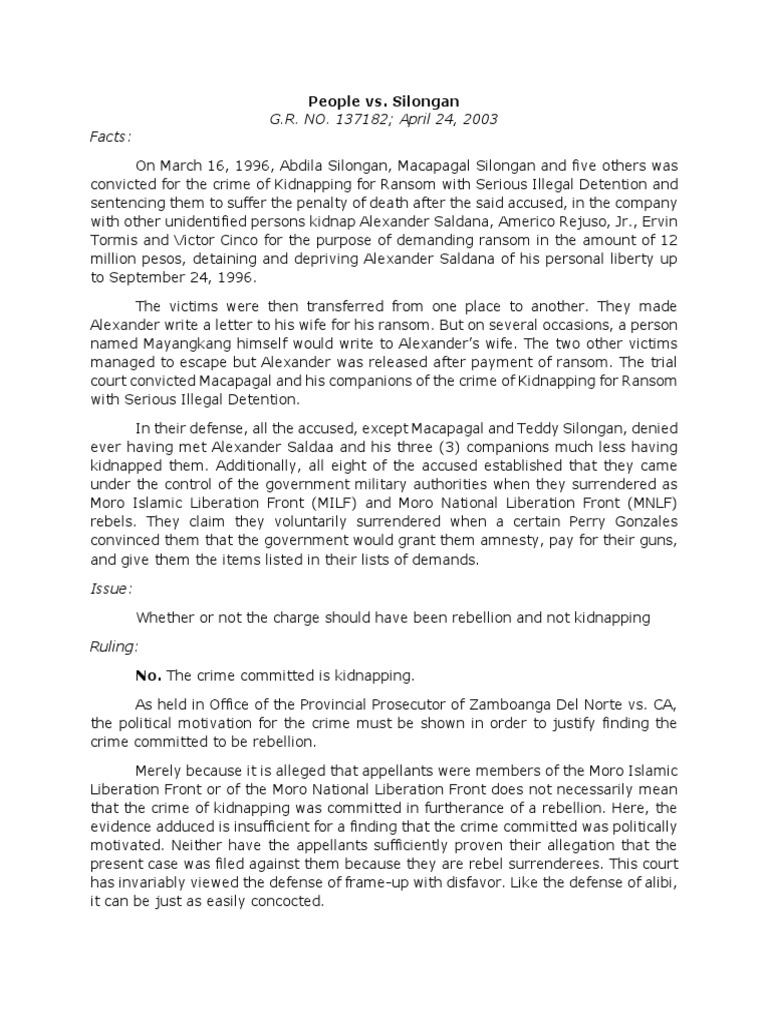 Kidnapping for Ransom Case Summary | PDF | Kidnapping | Crime & Violence