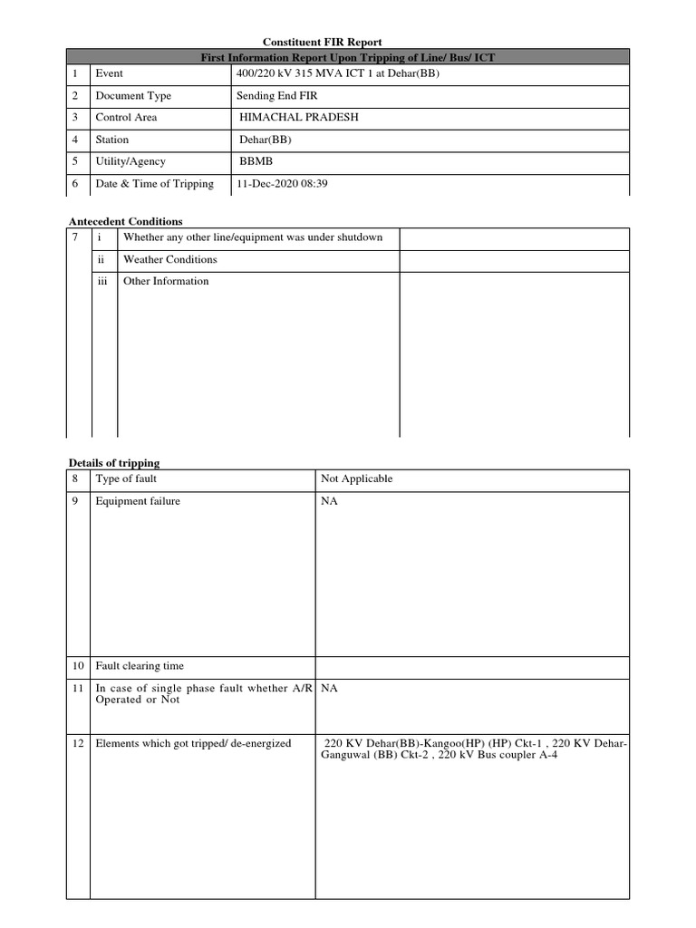 Constituent FIR Report First Information Report Upon Tripping of Line ...
