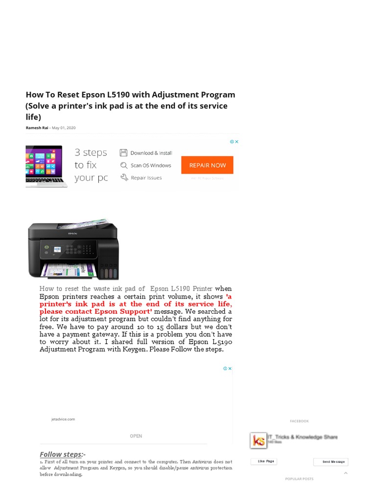 epson l5190 ink pad resetter