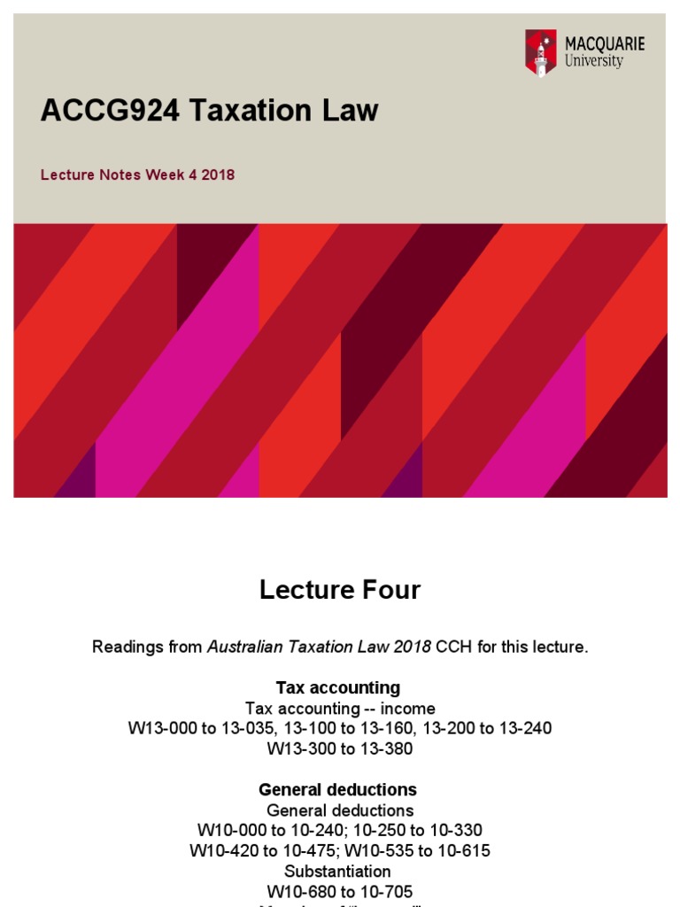 ACCG924 Taxation Law: Lecture Notes Week 4 2018 | PDF | Tax Deduction ...