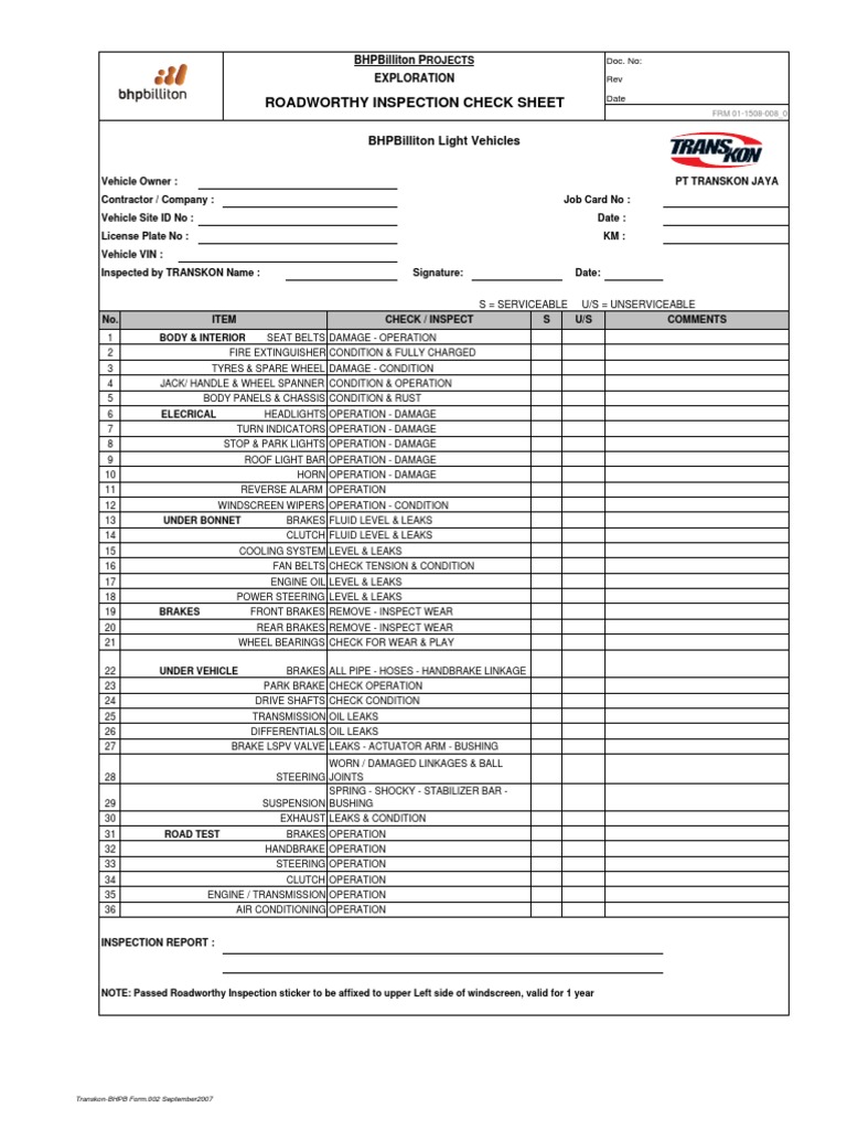 Roadworthy Inspection Check Sheet | PDF | Steering | Vehicles