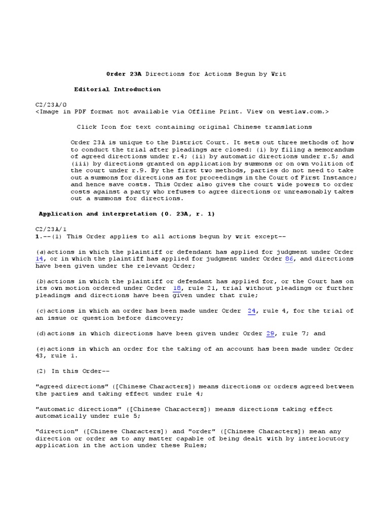 Hong Kong Civil Procedure Order 23A Directions For Actions Begun by