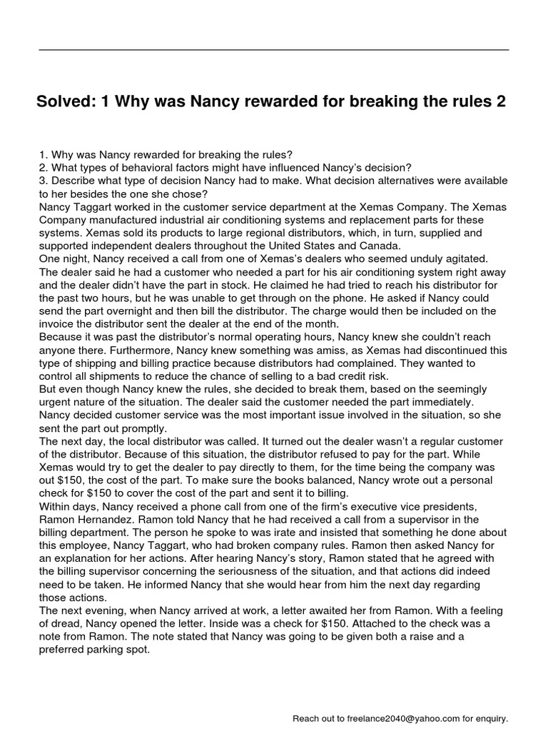 Nancy's Rule-Breaking Reward Explained | PDF | Business