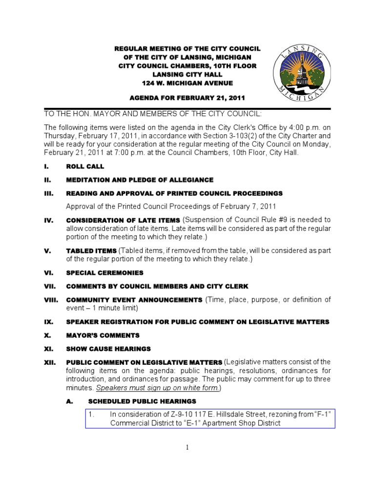 Lansing (MI) City Council Info Packet For Feb. 21 Meeting Download