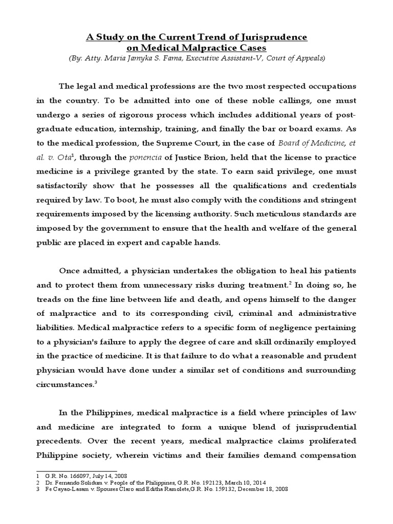 A Study On The Current Trend of Jurisprudence On Medical Malpractice