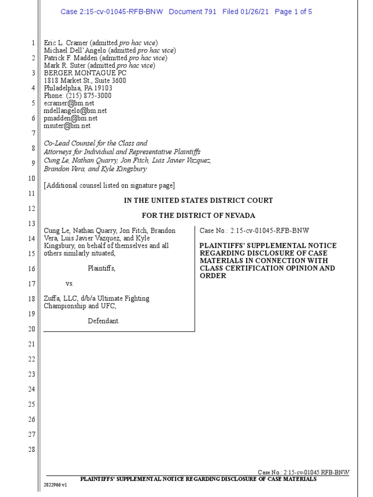 Plaintiffs Supp Notice Re Disclosure of Case Materials | PDF