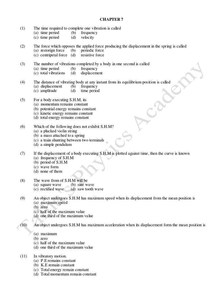 Chapter 7 Mcqs Oscillations PDF Oscillation Waves