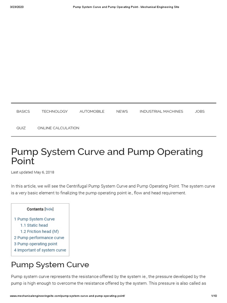 Pump System Curve and Pump Operating Point Mechanical Engineering