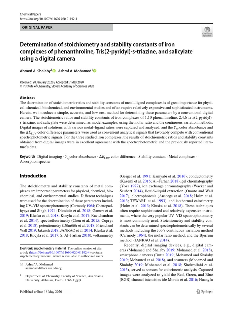10.1007@s11696 020 01192 4 | PDF | Spectrophotometry | Coordination Complex