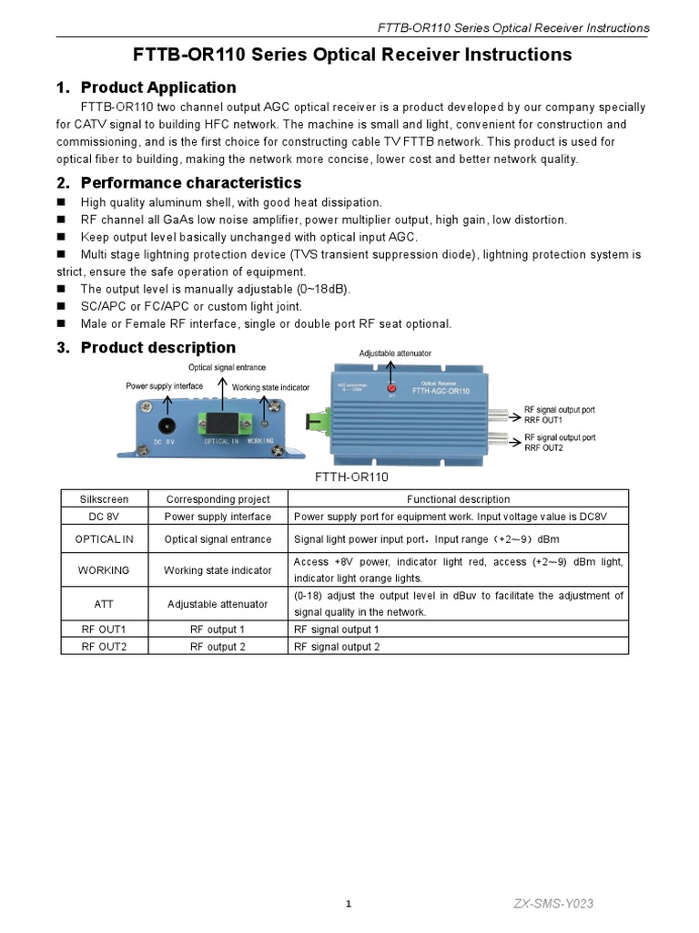 FTTB-OR110 Optical Receiver Guide | PDF | Power Supply | Cable Television