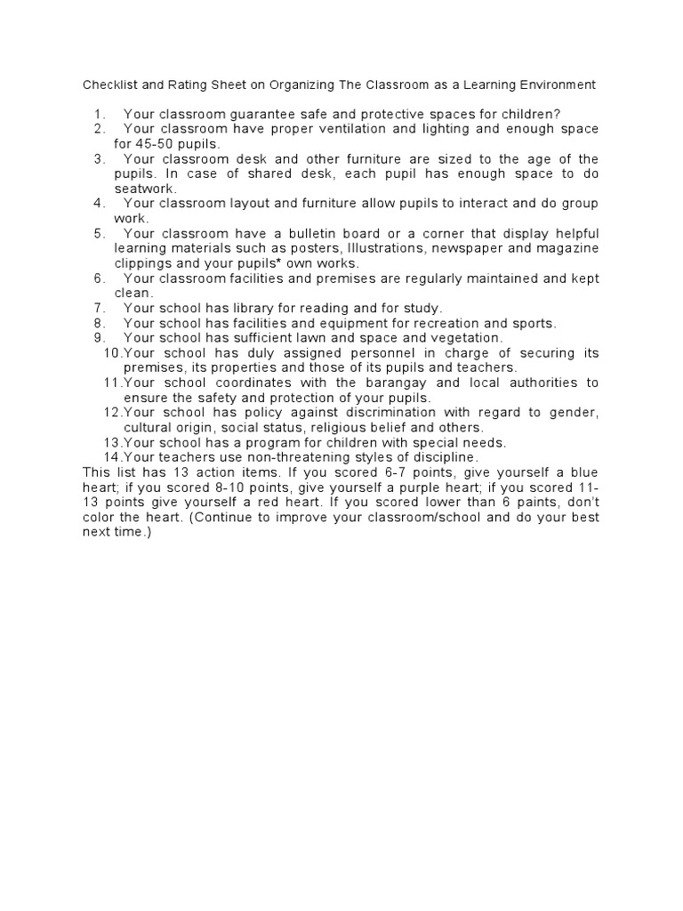 Checklist and Rating Sheet On Organizing The Classroom As A Learning ...