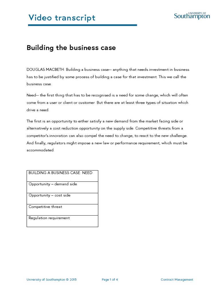 Video Transcript: Building The Business Case | PDF | Outsourcing ...