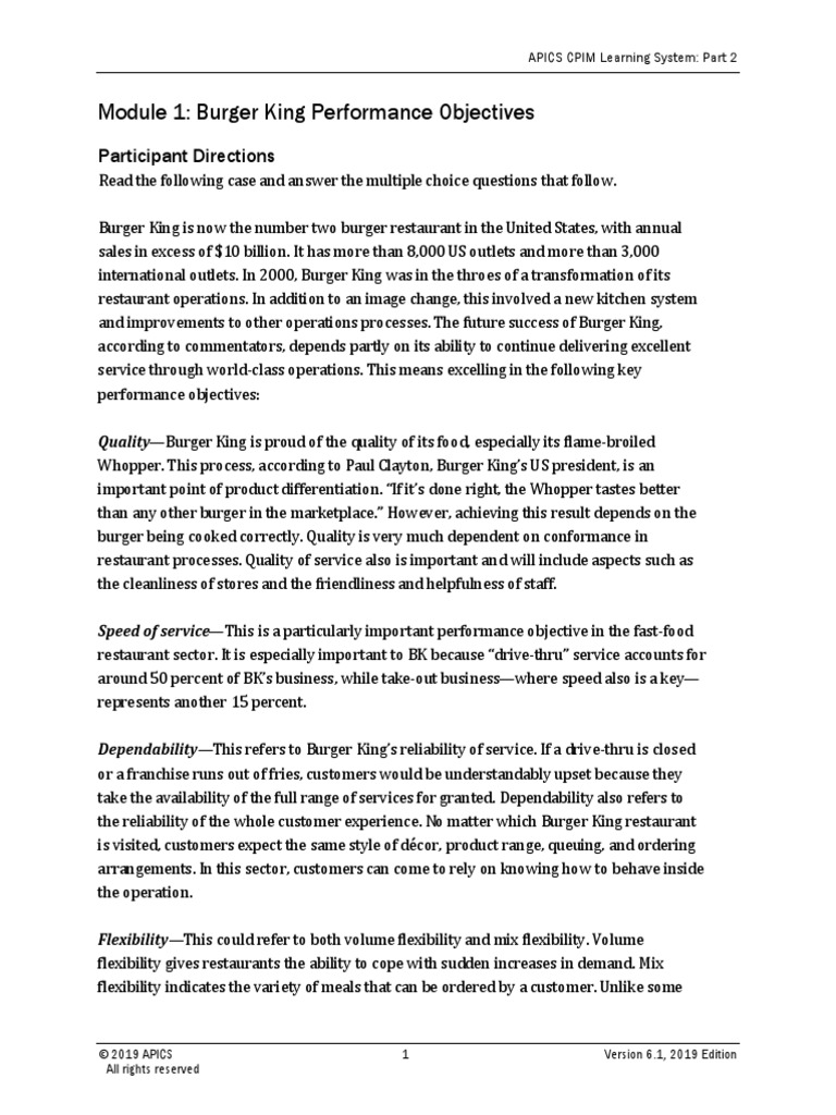 Module 1 Burger King Performance Objectives Participant Directions