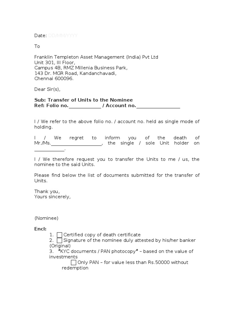 Nominee Unit Transfer Request Letter | PDF | Civil Law (Common Law ...