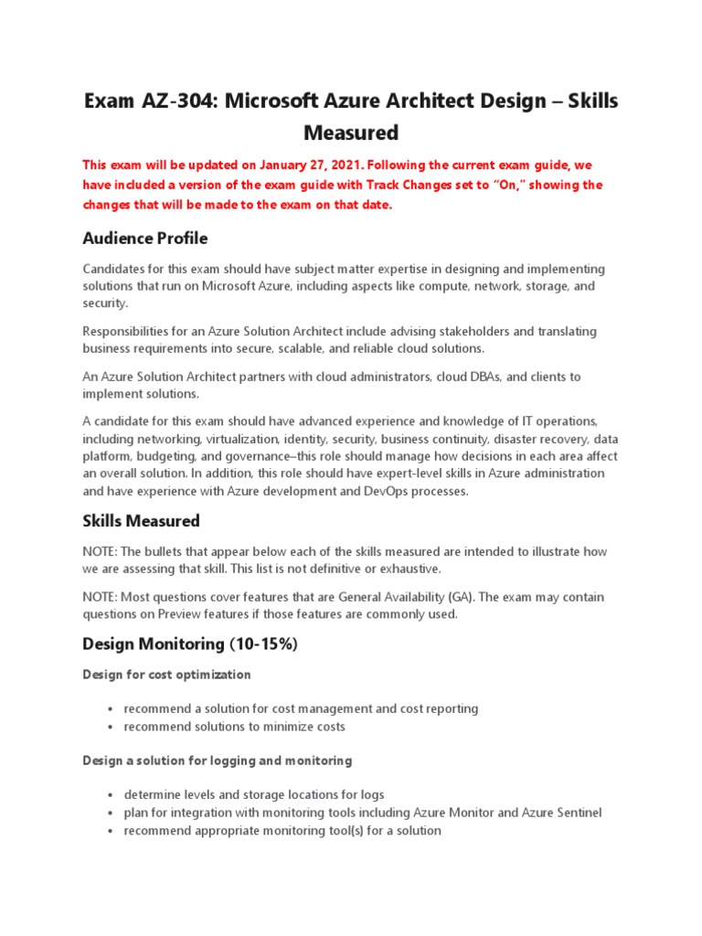 Exam AZ-304: Microsoft Azure Architect Design - Skills Measured | PDF ...