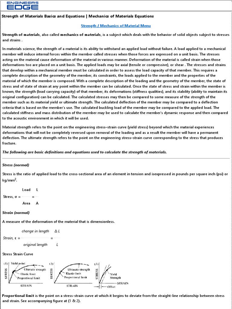 Strength of Materials Basics and Equations PDF Deformation