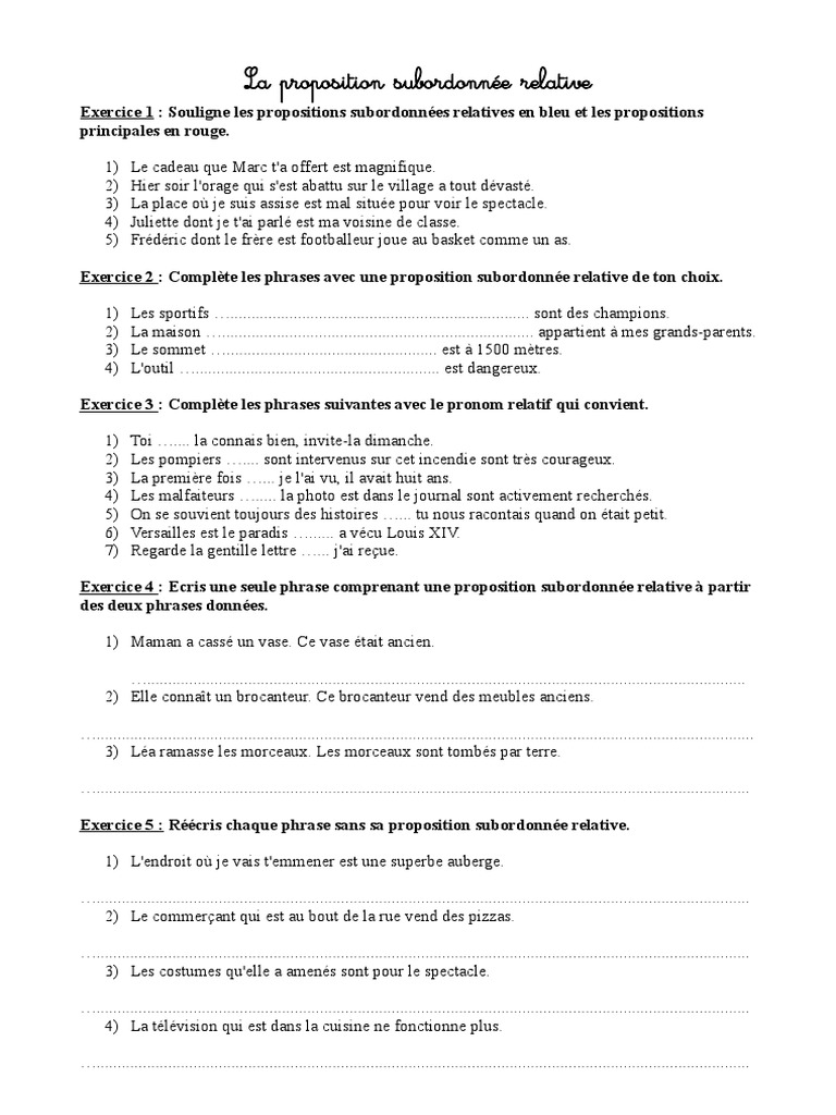 Exercices Sur Les Propositions Subordonnees Exercices cm2 Proposition Relative-Fi13951716 | PDF | Typologie  linguistique | Mécanique du langage