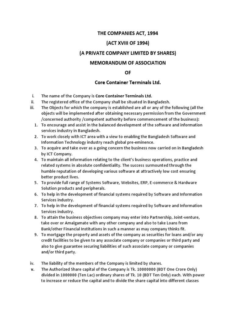 The Companies Act, 1994 (Act Xviii of 1994) (A Private Company Limited