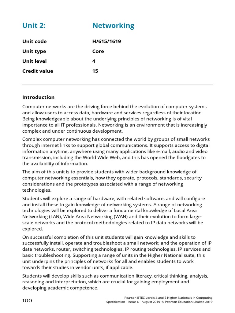 Unit 2 Networking Unit Code H/615/1619 Unit Type Core Unit Level 4