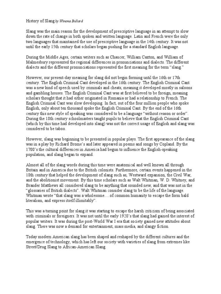 History of Slang by Winona Bullard | PDF | Slang | English Language