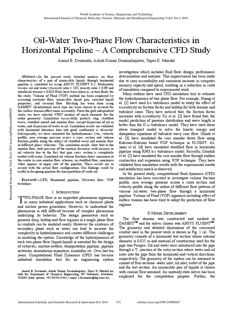 Oil-Water Flow Dynamics in Pipelines | PDF | Computational Fluid ...