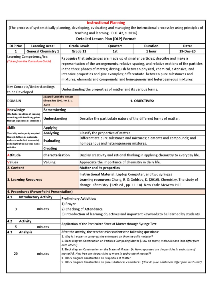 Grade 11 Chemistry Lesson Plan: Matter | PDF | Mixture | Matter