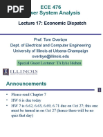 ECE 476 Power System Analysis: Lecture 17: Economic Dispatch