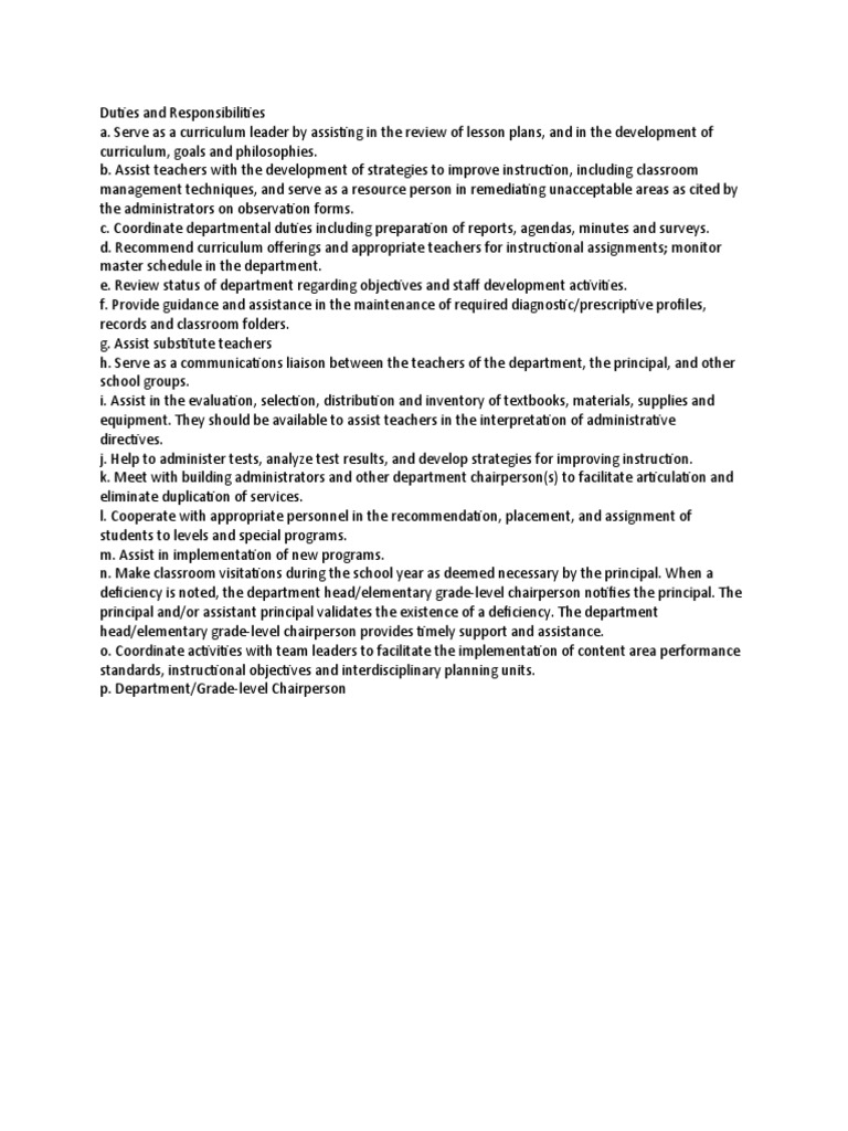 Duties and Responsibilities of GRADE LEVEL CHAIRMAN PDF
