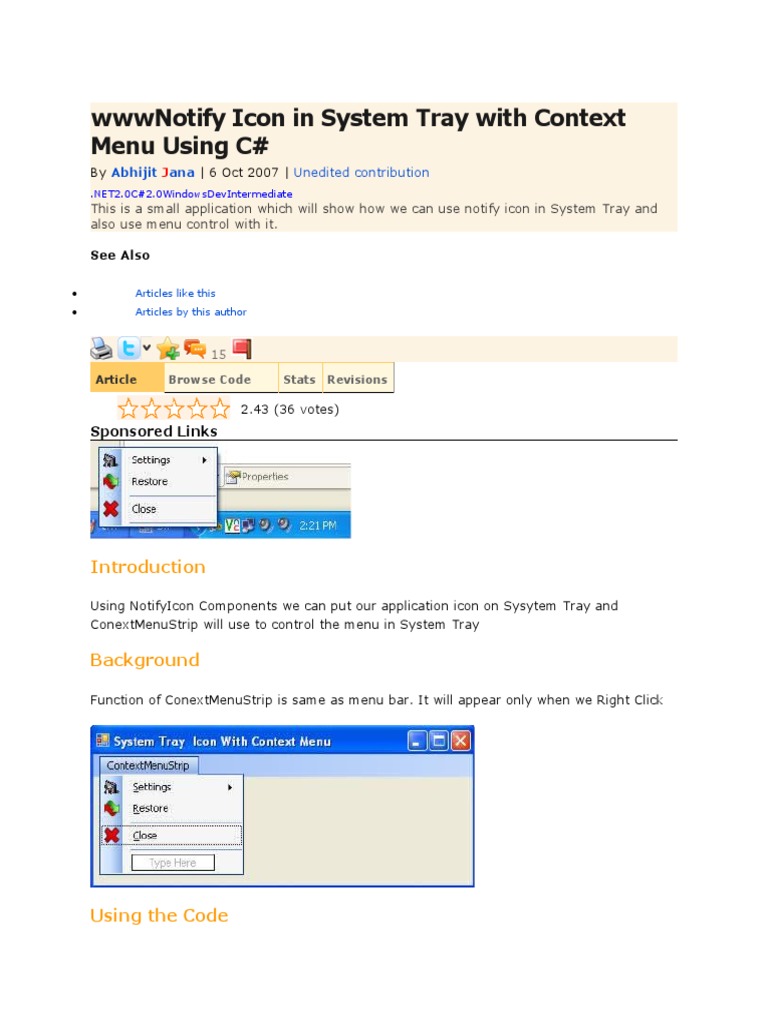 Notify Icon in System Tray With Context Menu Using C# | PDF | Software ...