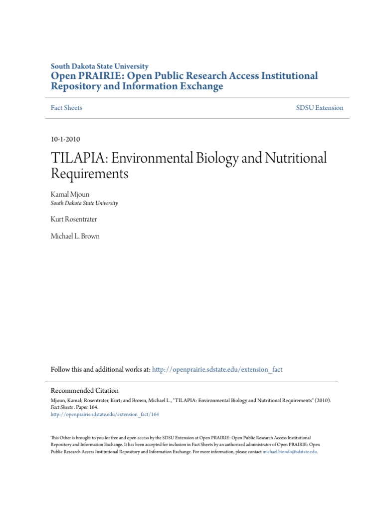 TILAPIA Environmental Biology and Nutritional Requirements PDF Dietary Fiber Diet