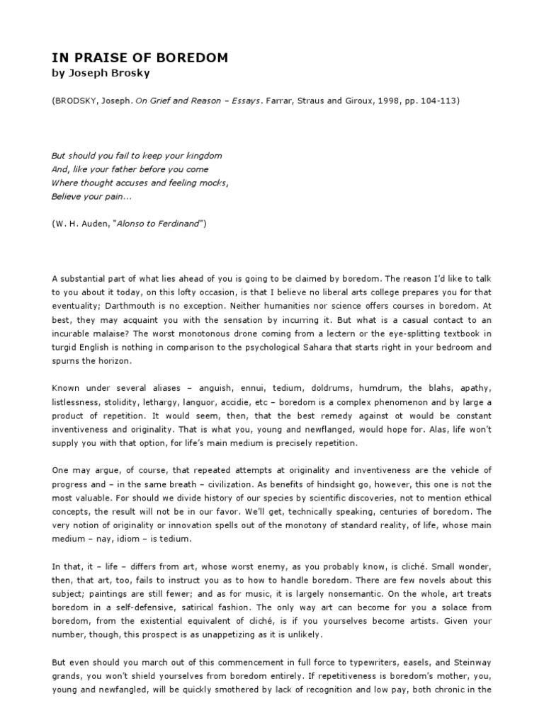 Joseph Brodsky In Praise Of Boredom Portuguese Notes Pdf