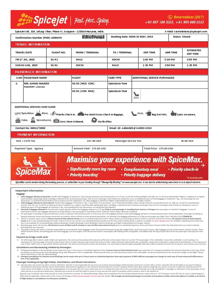 SpiceJet Flight Booking Confirmation | PDF | Identity Document | Aviation