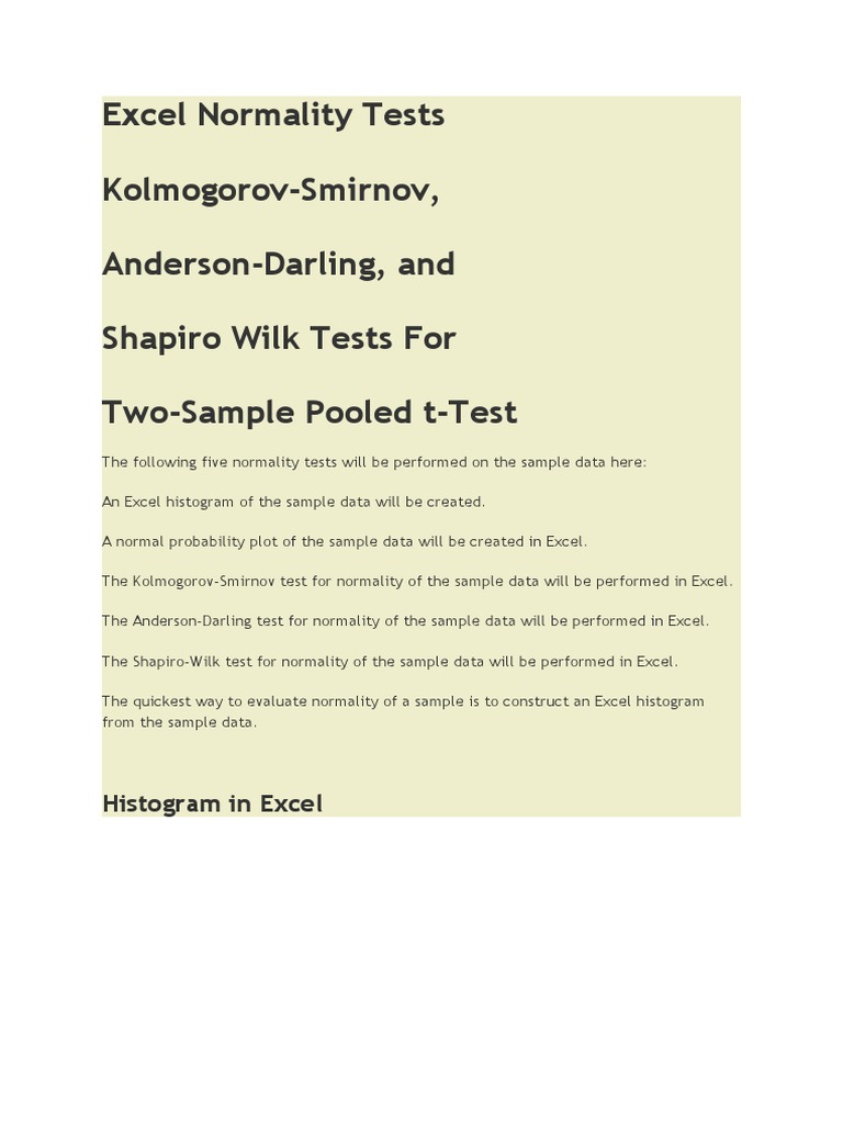 Excel Normality Tests KolmogorovSmirnov, AndersonDarling, and Shapiro