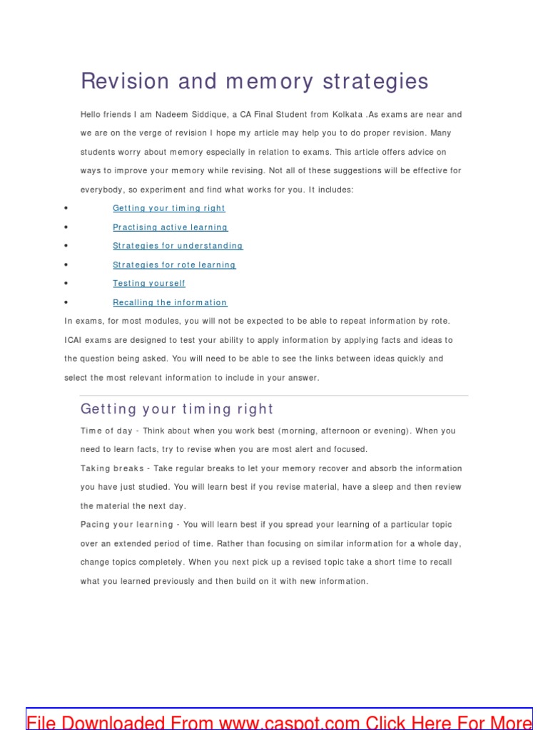 Effective Revision and Memory Tips | PDF | Memory | Learning