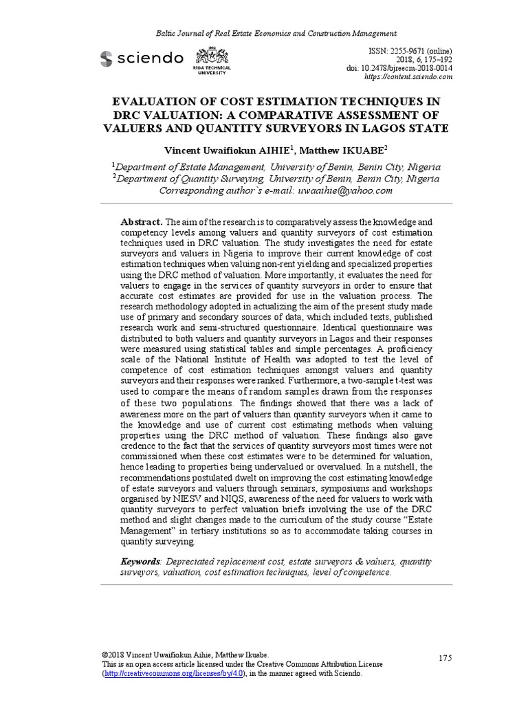 Evaluation of Cost Estimation Techniques in DRC Valuation: A ...