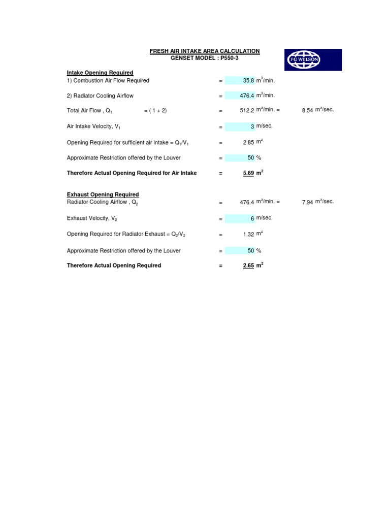Fresh Air Intake Area Calculation Genset Model P5503 PDF